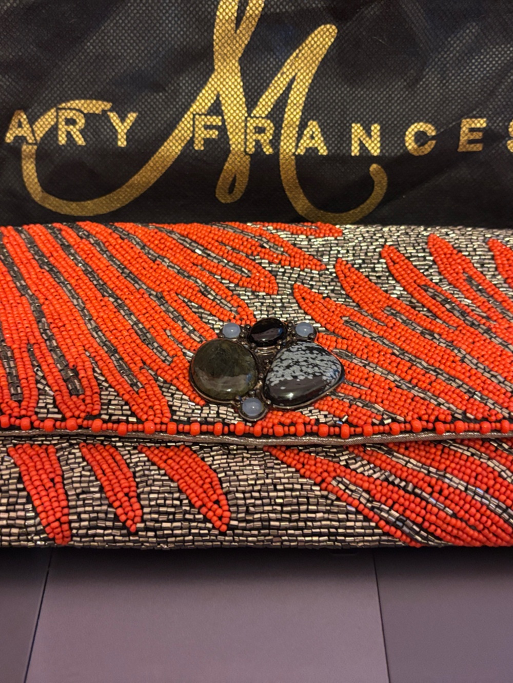 Mary Frances Red and Black Beaded Stone Accent Clutch